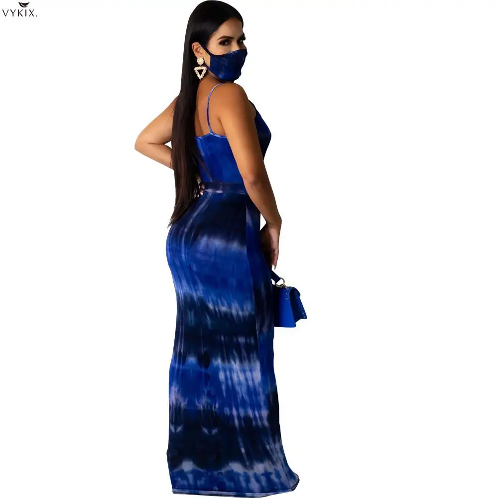 

2020 New Women Summer Fashion Dress Long Maxi Dress Sleeveless Tie-dye Print Bandage Strap Night Clubwear Party Dresses Vestidos