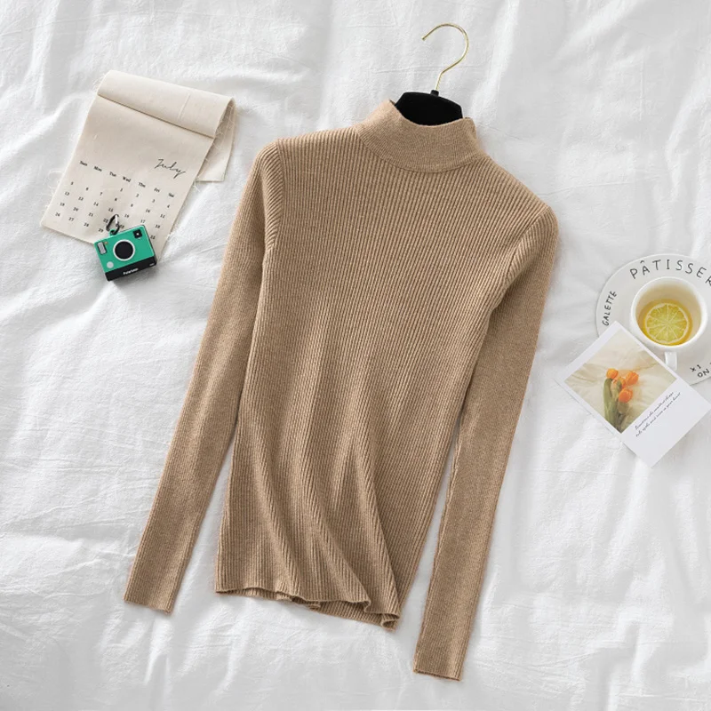 

-Близкие осенне-зимние топы, пуловеры с высоким воротником, свитеры, Базовая рубашка, короткий облегающий плотный свитер с длинным рукавом