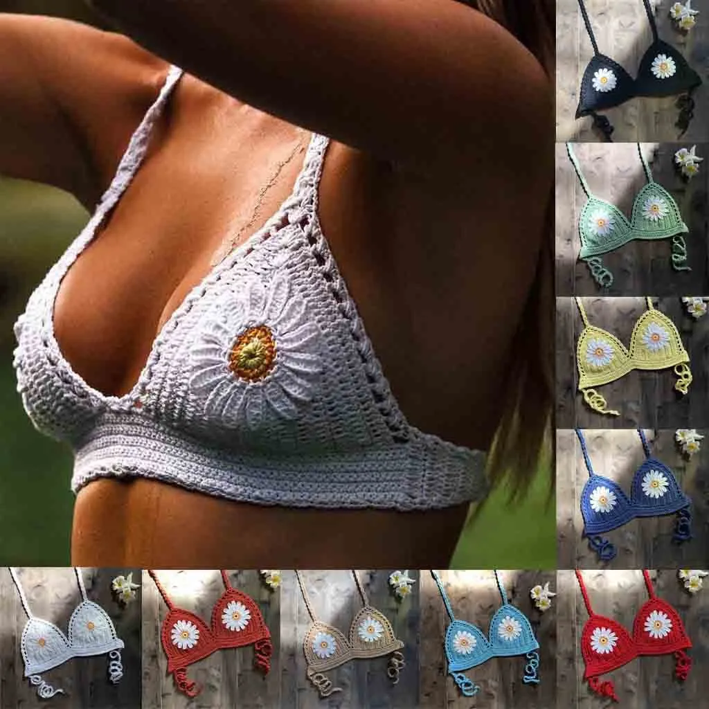 Женский кружевной купальник бикини кроше с цветочной вышивкой и v образным