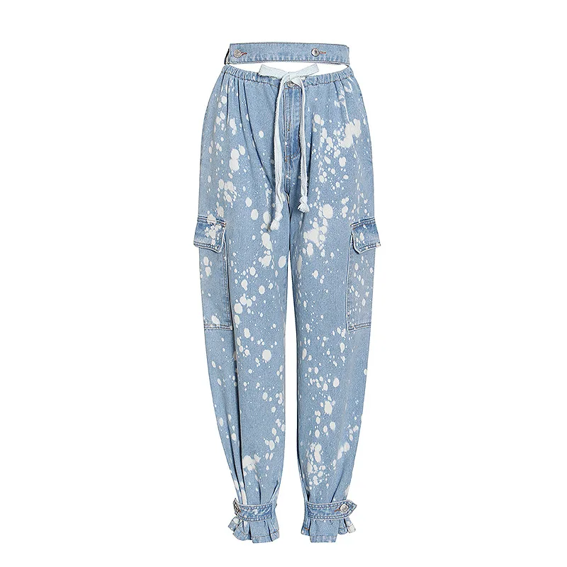 

New fashion casual cut-out open navel high waist leg drawstring pocket casual Joker jeans