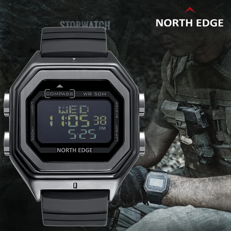 Мужские спортивные часы NORTH EDGE водонепроницаемые цифровые с компасом