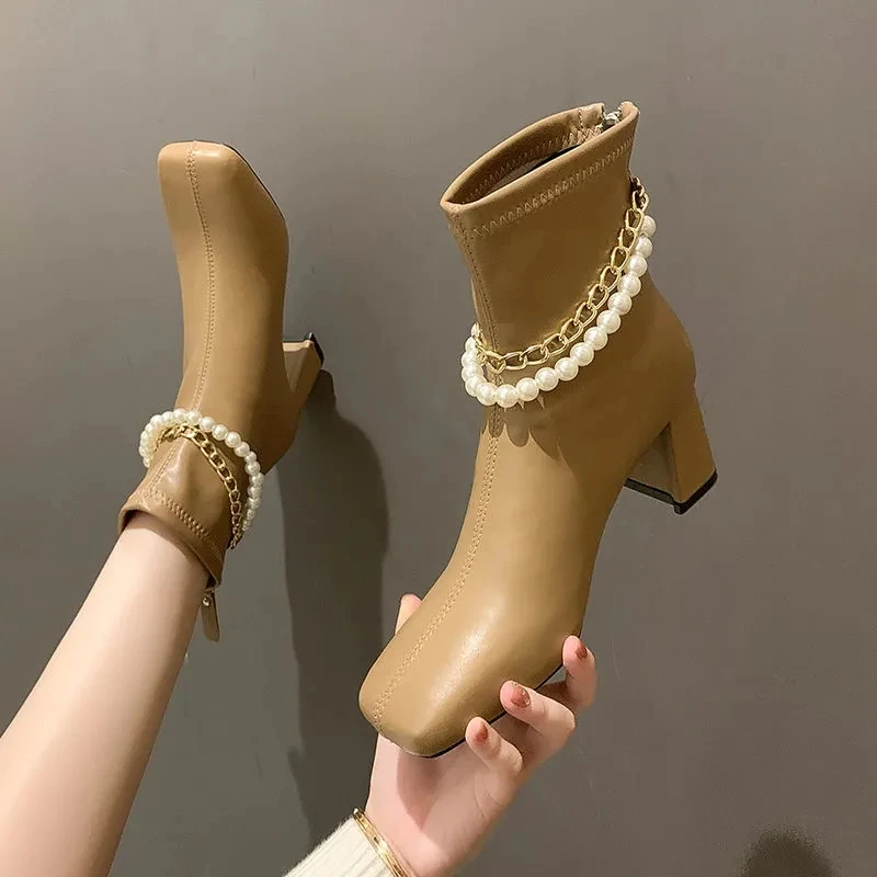 

Fashion Heeled Leather Boots Women Autumn Shoes Big size 42 43 Female Office Dress Boots with Pearl Chain Mid-calf Shoes