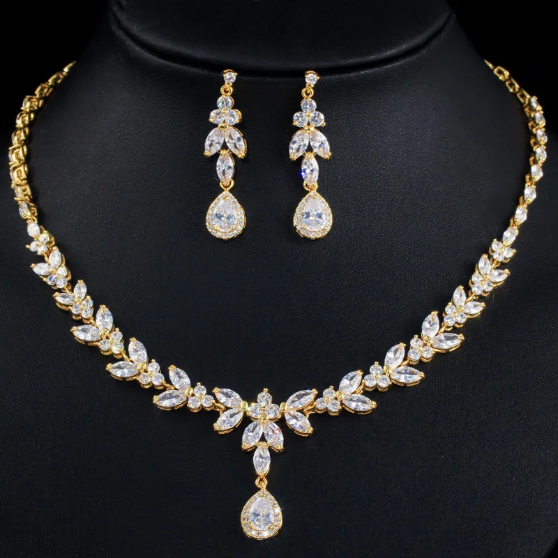 CWWZircons элегантный лист падение Африканский нигерийский CZ цирконий желтый золотой невесты свадебный набор украшений для женщин вечерние платья T371