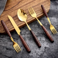 wooden handle tableware stainless steel golden steak knife fork coffee tea spoon western dinnerware kitchen cooking utensils