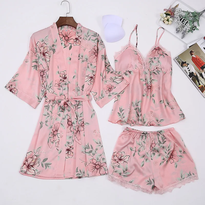 

Satin Flower Print Pajamas Set Women Blue 3PCS Sleepwear Summer New Sleep Set Femme Silky Kimono Gown Casual Pijamas Suit