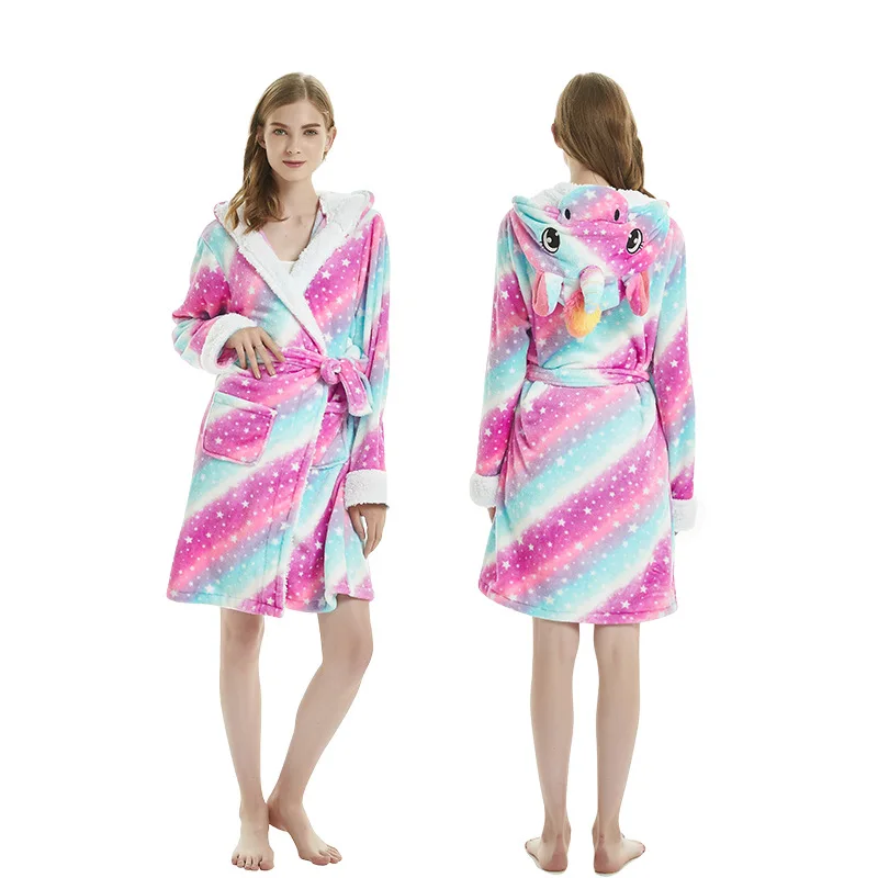 Adults Animal Flannel Bath Robe Sleepwear Women Bathrobe Nightgown Thick Warm Robe Winter Panda Unicorn Cartoon Plush Pajamas