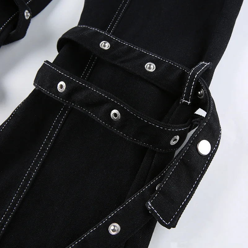 

ins Street Personality Fashion Retro High-Waisted Streamer Metal Decoration Thin Micro-la Trousers Jeans 2021 New Women's Pants