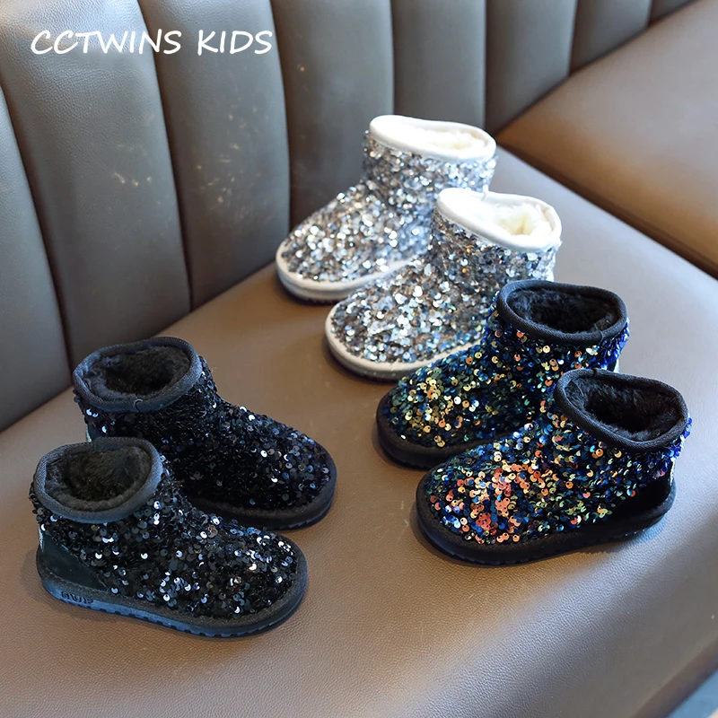 CCTWINS Kids Shoes Winter Girls Fashion Sequin Snow Boots Children Black Sparkly Short Boot for Toddler Glitter Shoe SNB095