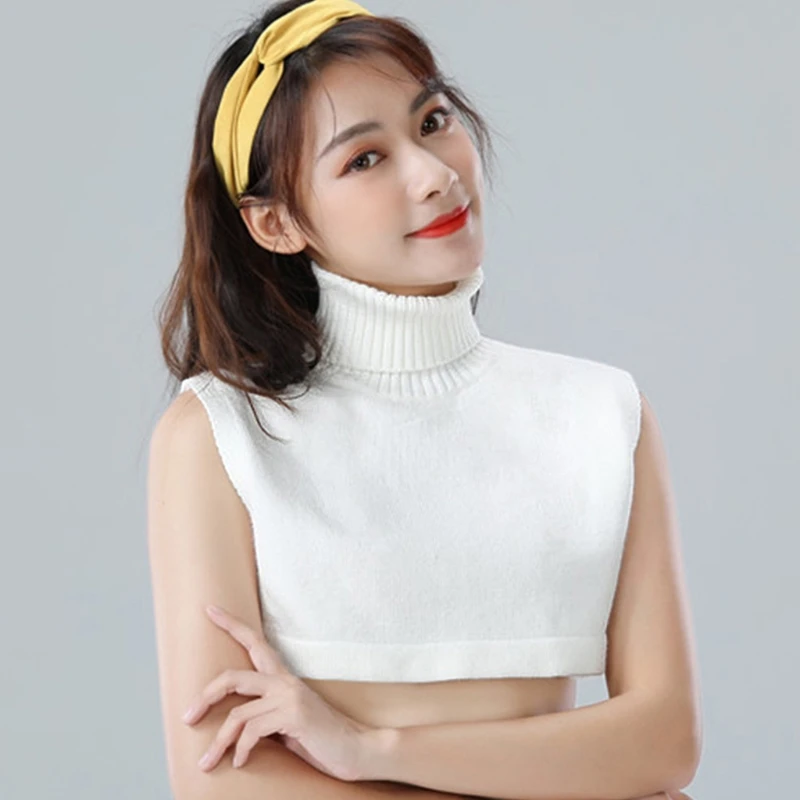 

Women Winter Turtleneck False Fake Collar Sweater Solid Color Knitted White Detachable Half Top Dickey Decorative Pullover M7DD