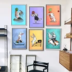 Забавный милый кролик, цветной постер, бейсбол, баскетбол, боулинг, катание на лыжах, заяц, Картина на холсте, мультфильм, детская комната, Настенный декор