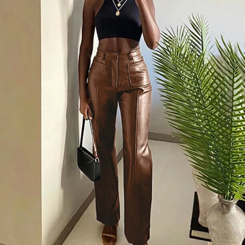 

Solid Color Straight Long Pants with Zipper Pockets Women High Waist Leather Pants 2021 Female Fashion Brown Black Slim Trousers