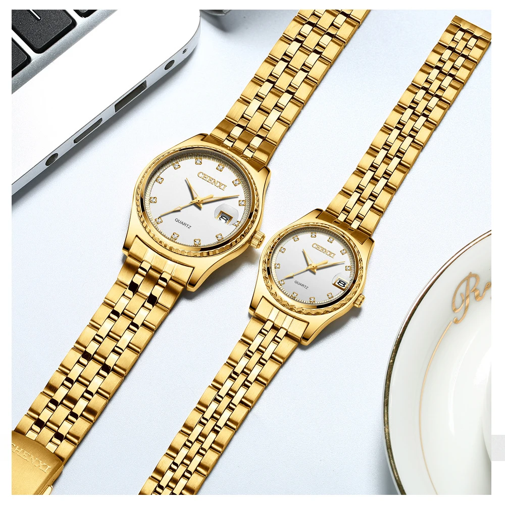 

CHENXI Brand Watch New Fashion Men Women Gold Quartz Wrist Watch Steel Waterproof Couples Calendar Watches for Husband Wife Gift