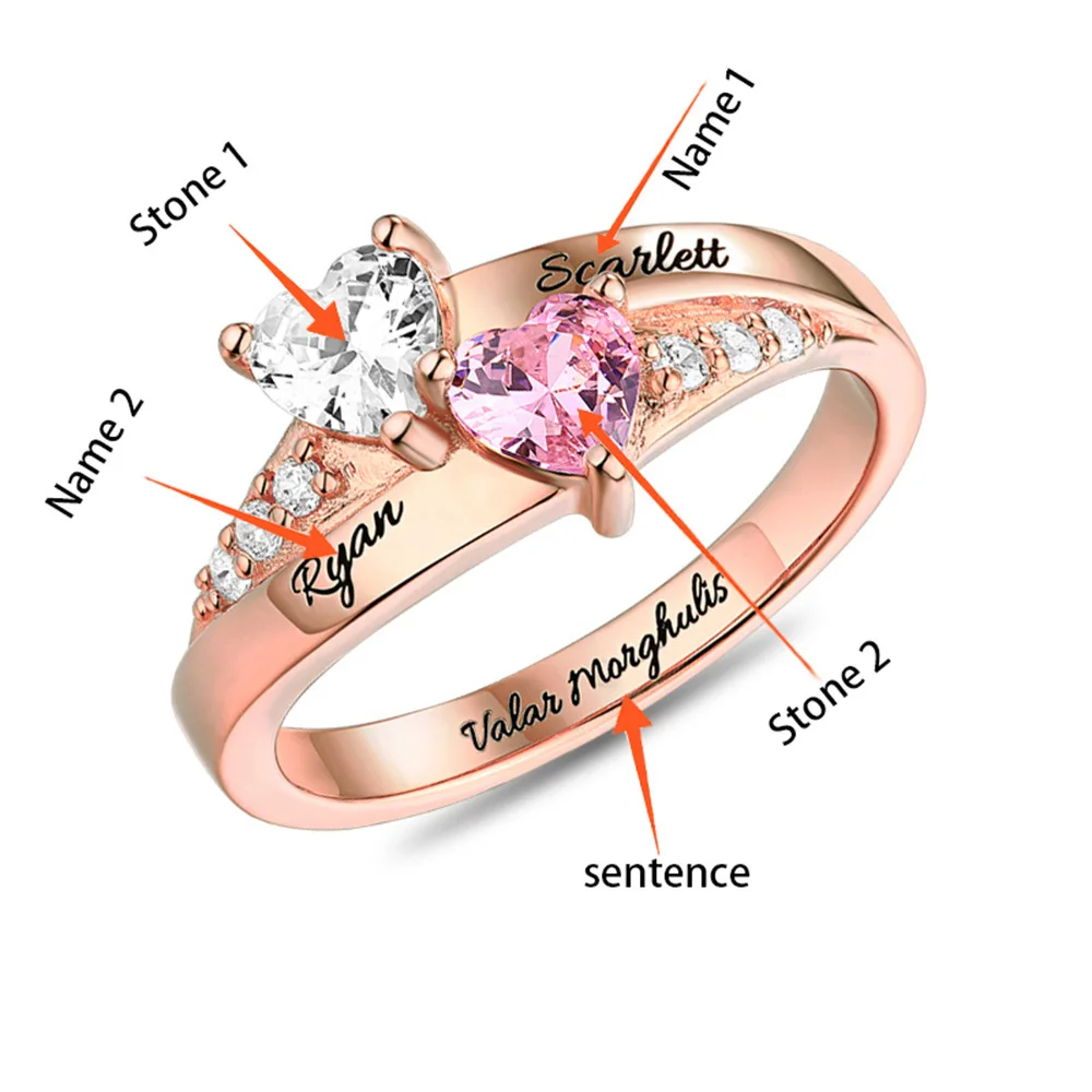 SG Personalized 925 Sterling Silver Rings Custom Heart Birthstone Ring With 2 Names Jewelry for Her Mother day's Gift