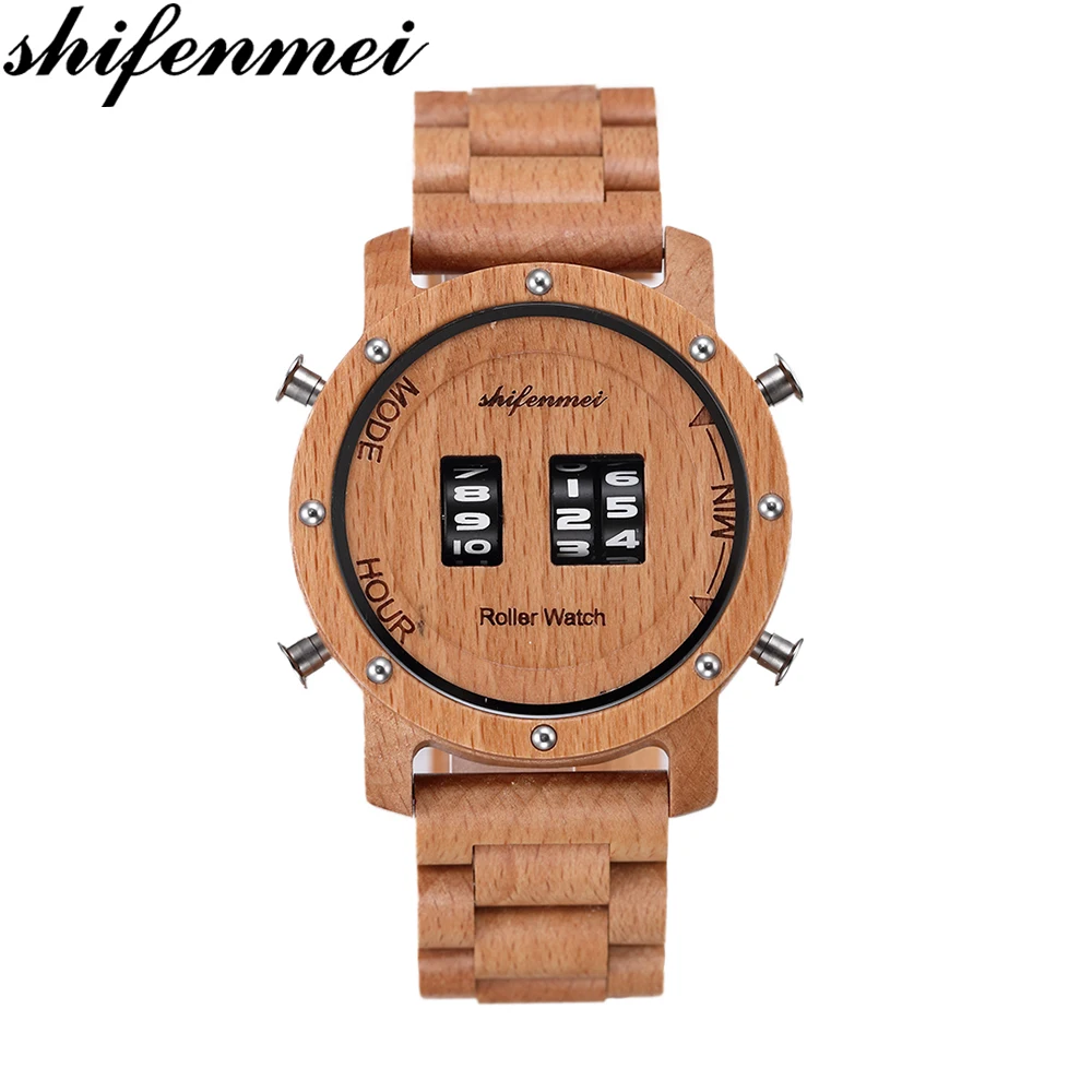S5582-B Shifenmei деревянные часы Мужские Цифровые кварцевые часы с роликовым верхом роскошные деревянные Классические наручные часы Мужские часы relogio masculino - Цвет: S5582-B