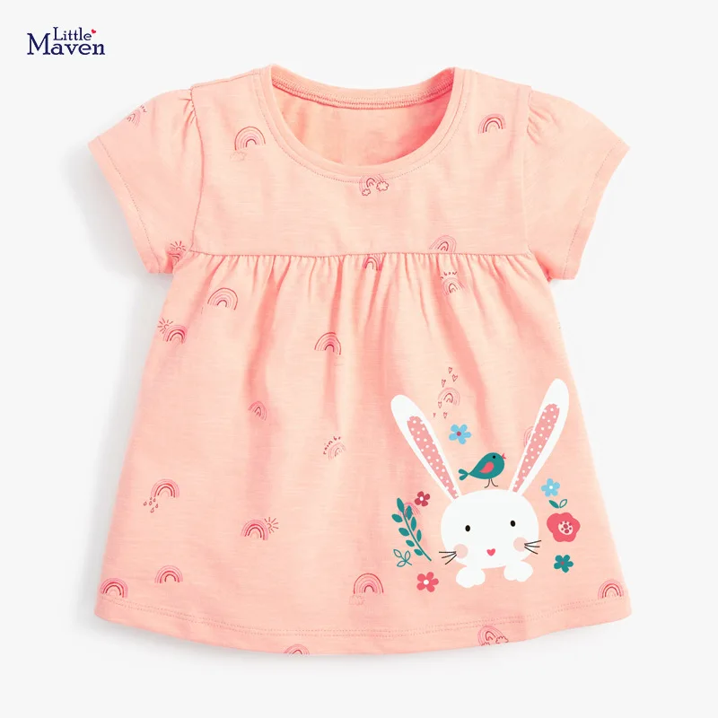 

Little Maven Children 2021 Summer Baby Girl Tee Tops Rainbow Bunny Print Brand Cotton Short Sleeve T Shirt for kids 2-7 years