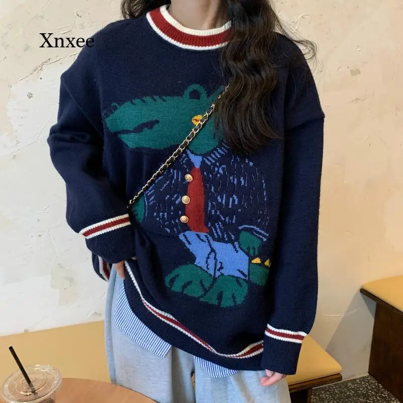 

Женский вязаный пуловер с крокодиловым принтом, повседневный свободный трикотажный джемпер в стиле Харадзюку, осень 2021