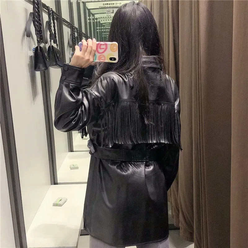 

2020 Za Pu Leather Long Jacket Women Fringe Overshirt with Belt Autumn Winter Woman Long Sleeve Leatherette Jackets Coat Top