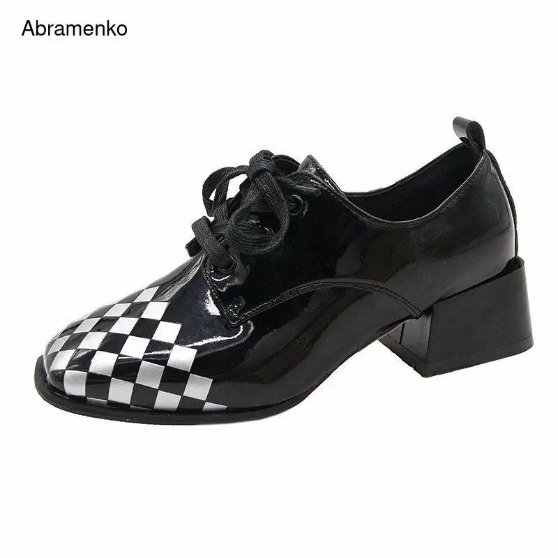 

Chunky Leather Shoes Women Ankle Boots Autumn Thick High Heel White Black Grid Martin Boots Lace Leather Shoes Boot Size 35-40