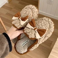 korean hot cute slipper for women girls vintage bow fluffy winter warm slippers woman fashion fuzzy house slippers