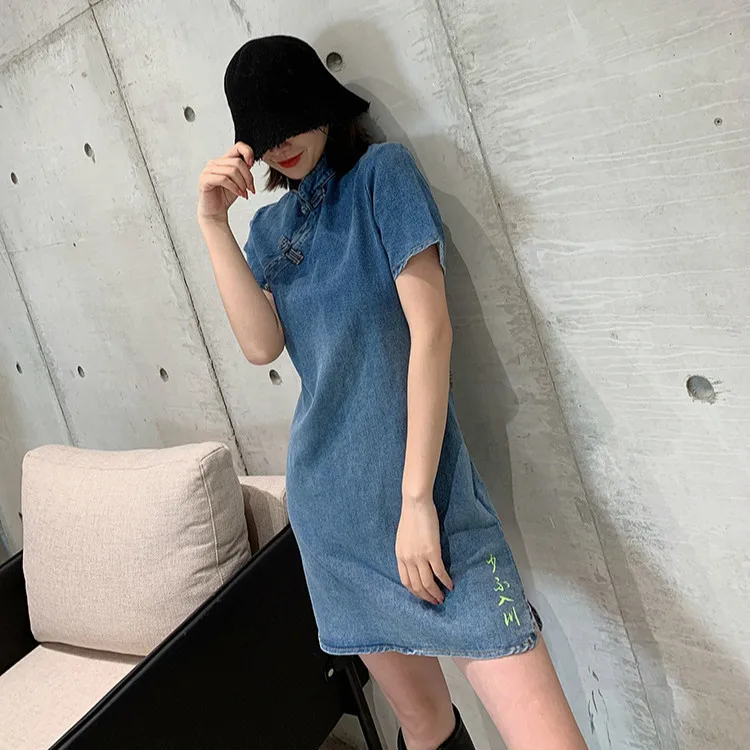 

BONJEAN Split Denim Dress for Women 2020Robe Femme Short Sleeve Blue Jeans Dress Stand Collar Casual A-Line Dress BJ1576