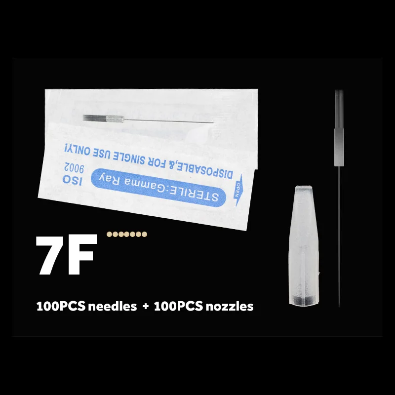 7F set 100 шт 1RL/3RL/5RL/5F/7F стерилизованное одноразовое перманентное Макияж иглы татуировки и колпачки для бровей комплекты косметики для татуажа 0,35X50 мм - Габаритные размеры: 7F set