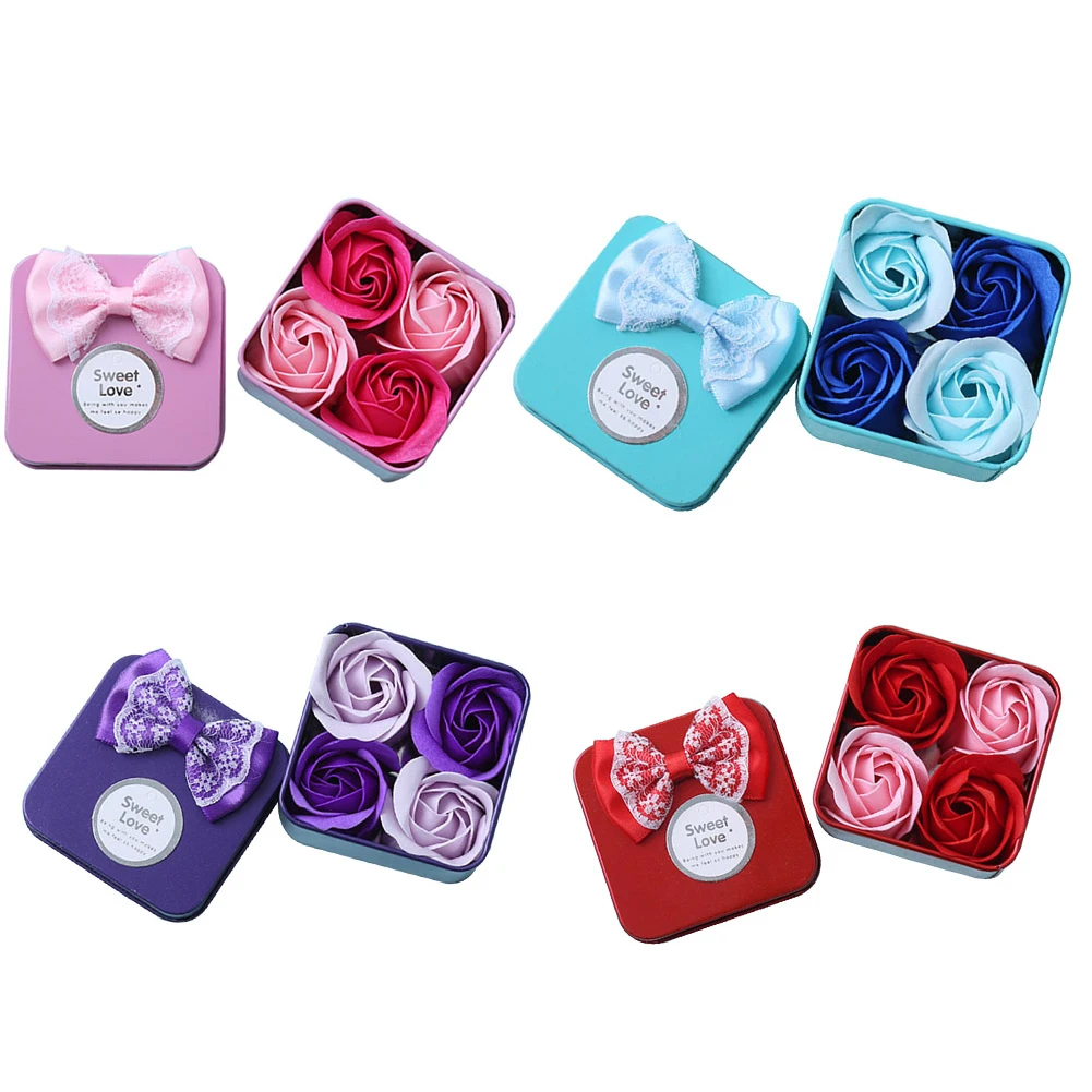 

4pcs Essential Bath Body Petal Soap Scented Rose Flowers with Tinplate Box Rose Flowers for Wedding Valentine Day Gift