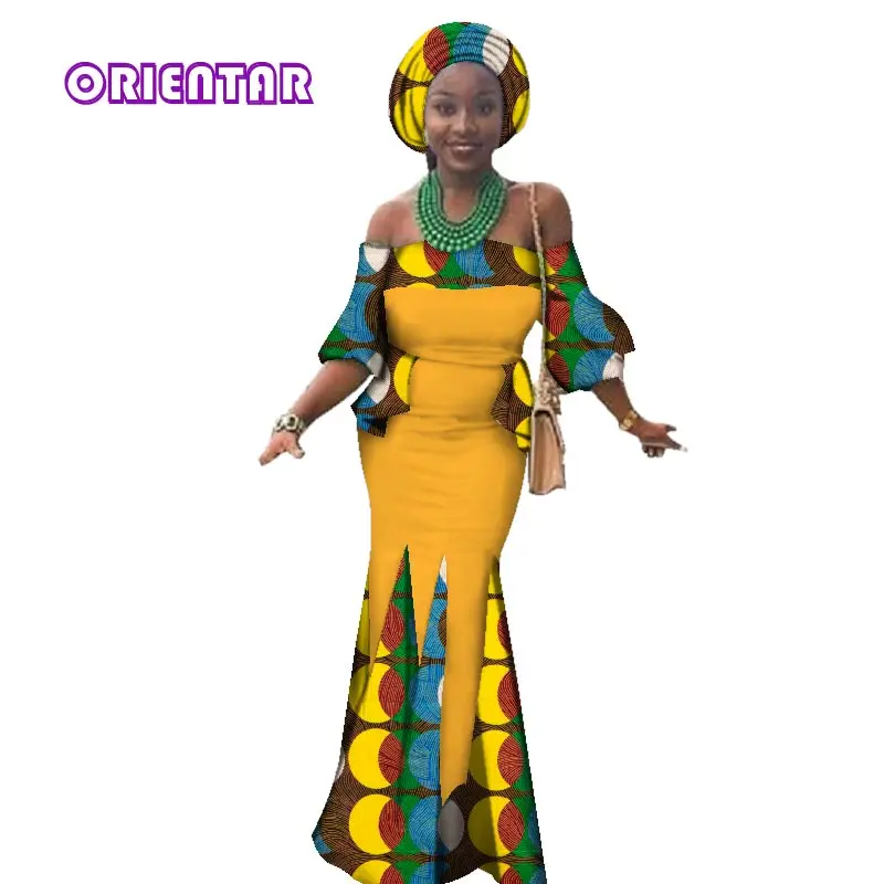 

Модные африканские платья для женщин с Африканским принтом с открытыми плечами базин богатые платья с головным шарфом вечернее платье Руса...