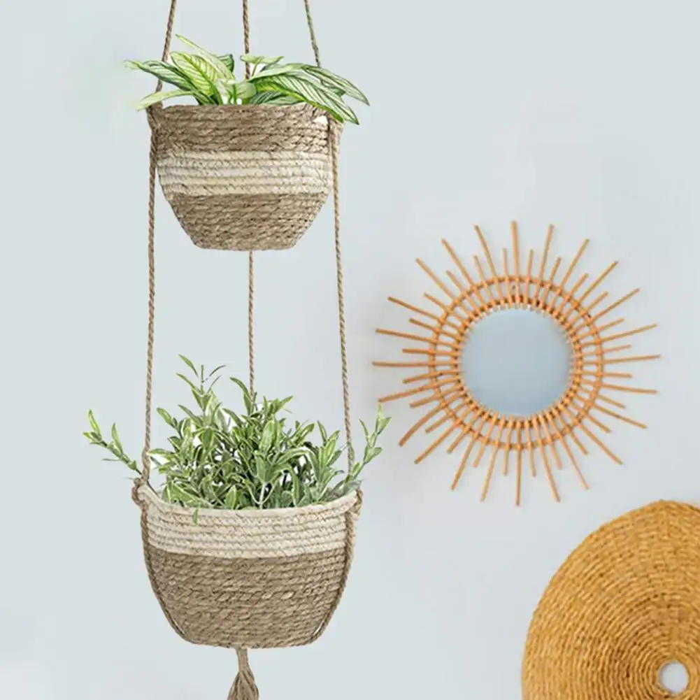 

Flower Basket Eye-catching Sturdy Construction Straw Handmade Outdoor Indoor Hanging Planter Pot Holder for Home