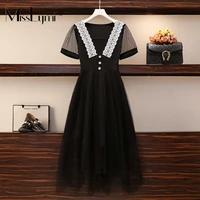l 5xl plus size women black mesh dress summer 2021 vintage square collar short sleeve lace patchwork high waist irregular dress