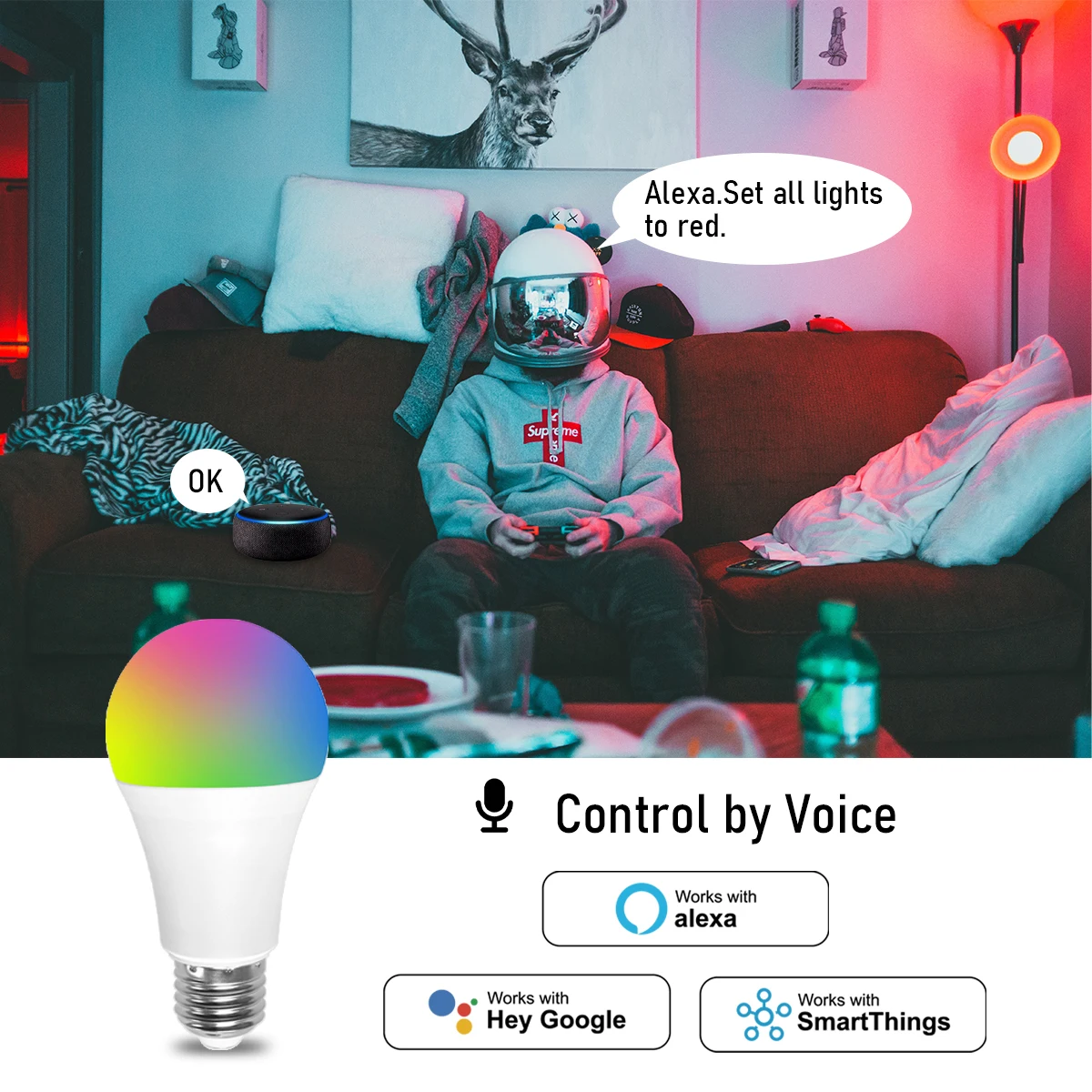 Lámpara LED inteligente de 9W RGB, Bombilla inteligente regulable E27, WiFi, 220V,...
