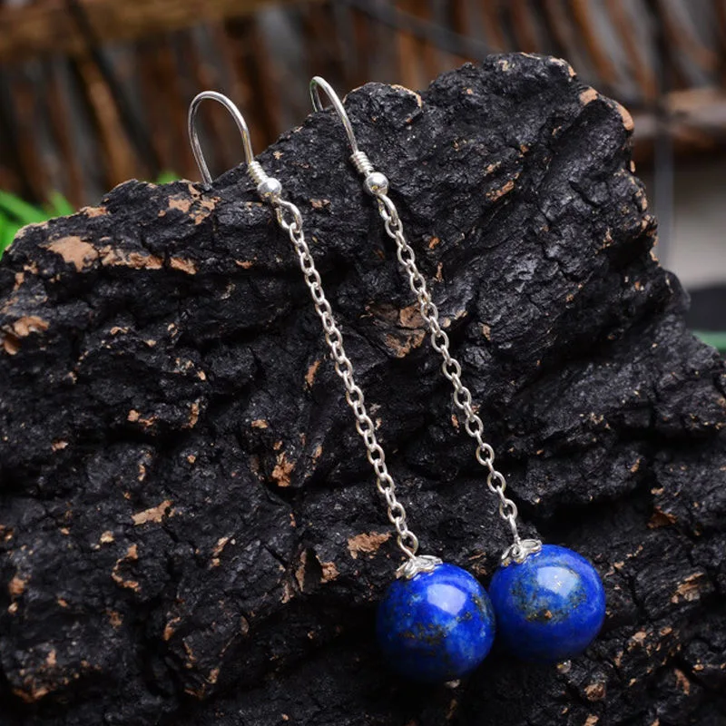 925 Silver Natural Lapis Lazuli 8-10mm Beads Earrings Original Simple Jade Pulp Bead Handmade Gift Women Fine Stone Jewelry New | Украшения