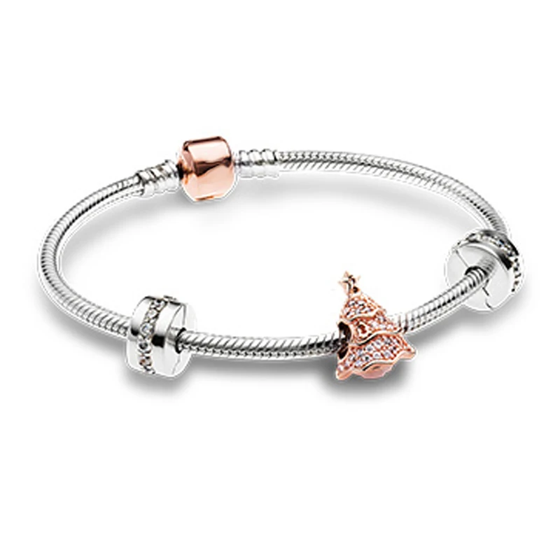 

NEW Newest Original 925 Sterling Silver Twinkling Christmas Tree Charm Fit Bracelets Rose & Clear CZ Women Gift DIY Jewelry