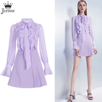 office ladies 2 pieces suit 2021 new elegant purple casual solid color ruffle chiffon blousemini pleated a line skirt lady suit