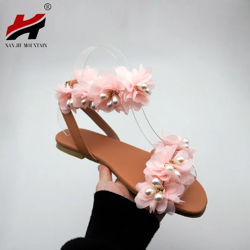 

Hot Sale Summer Flat Sandals Women Flowers Handmade Beaded Rhinestones Pearl Lady Wind Plus Size 34-43