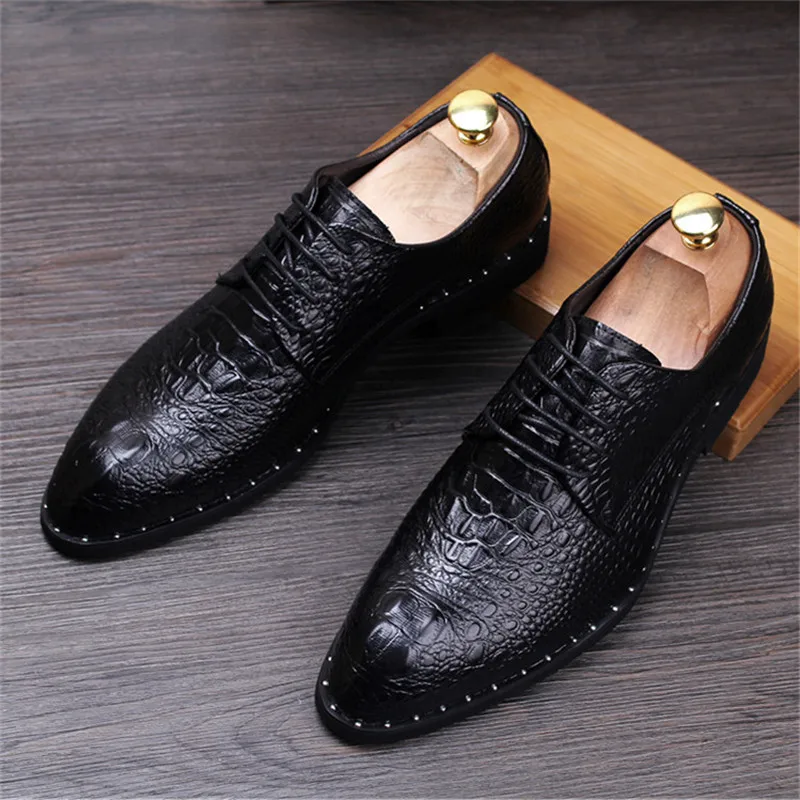 

Men's Crocodile Dress Leather Shoes Lace-Up Wedding Party Shoes Mens Business Office Oxfords Flats Plus Size Men Fashion