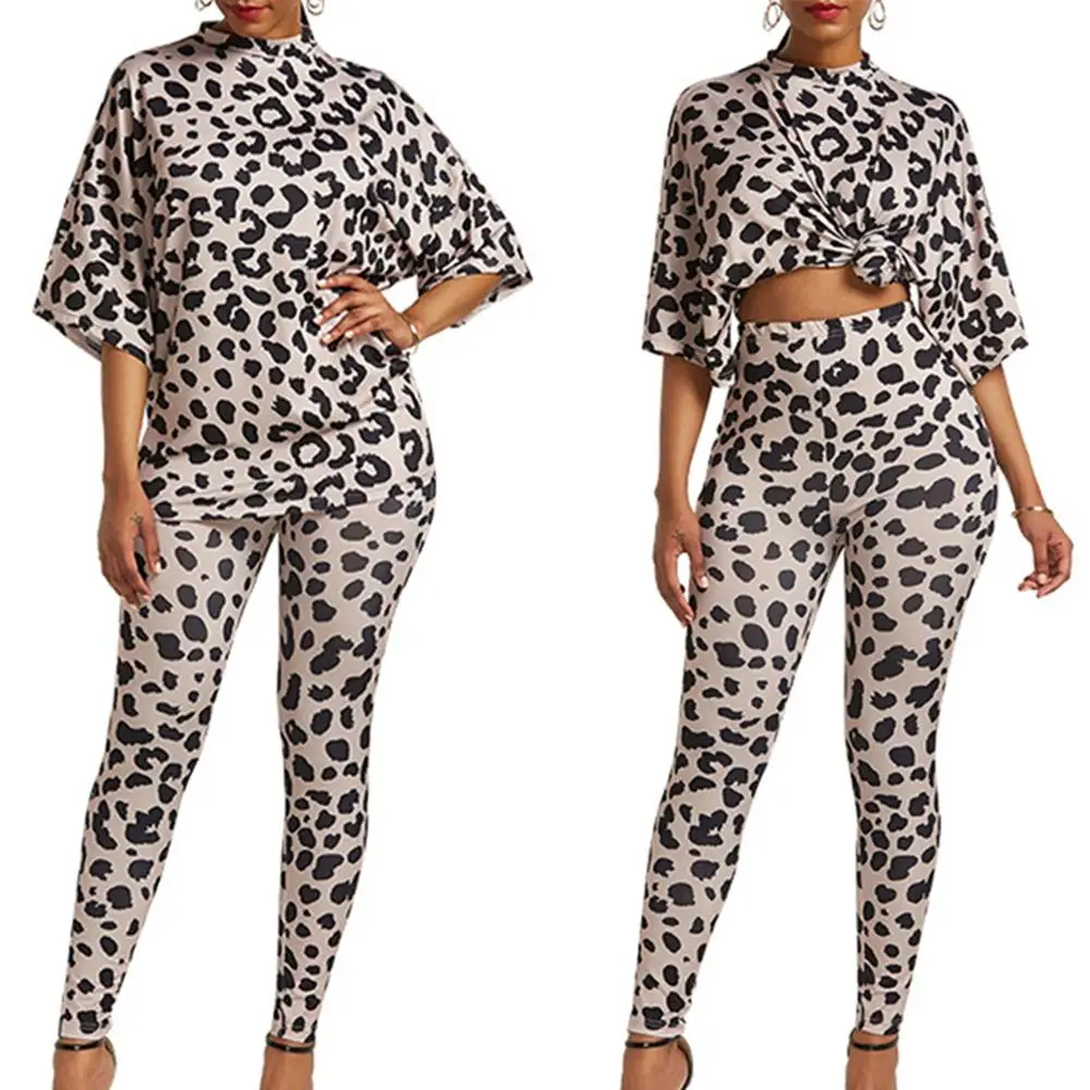 

Leopard Printed 2 pieces Clothes Set Pajamas for women High Neck O Casual Top and Leggings Homewear Sexy Pajamas Women
