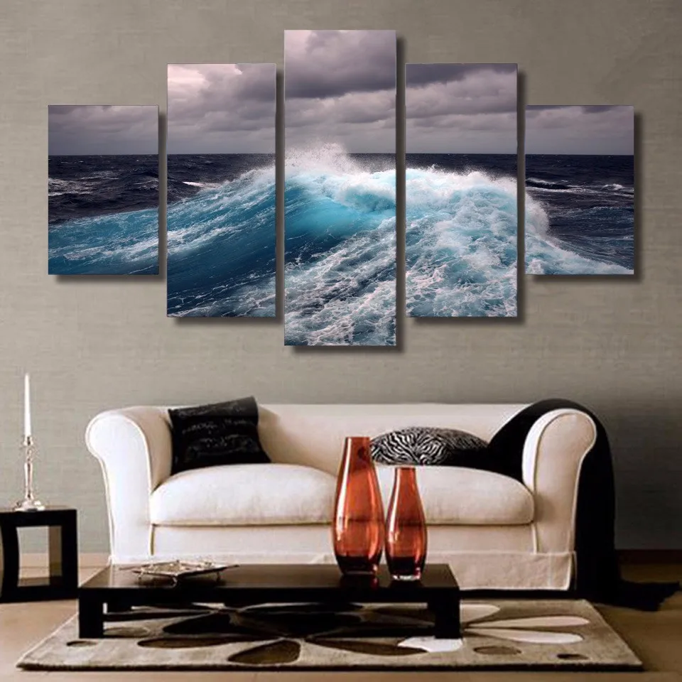 

5 Panel Clouds Waves Painting Canvas Print Room Decor Print Poster Picture Seascape Canvas Painting