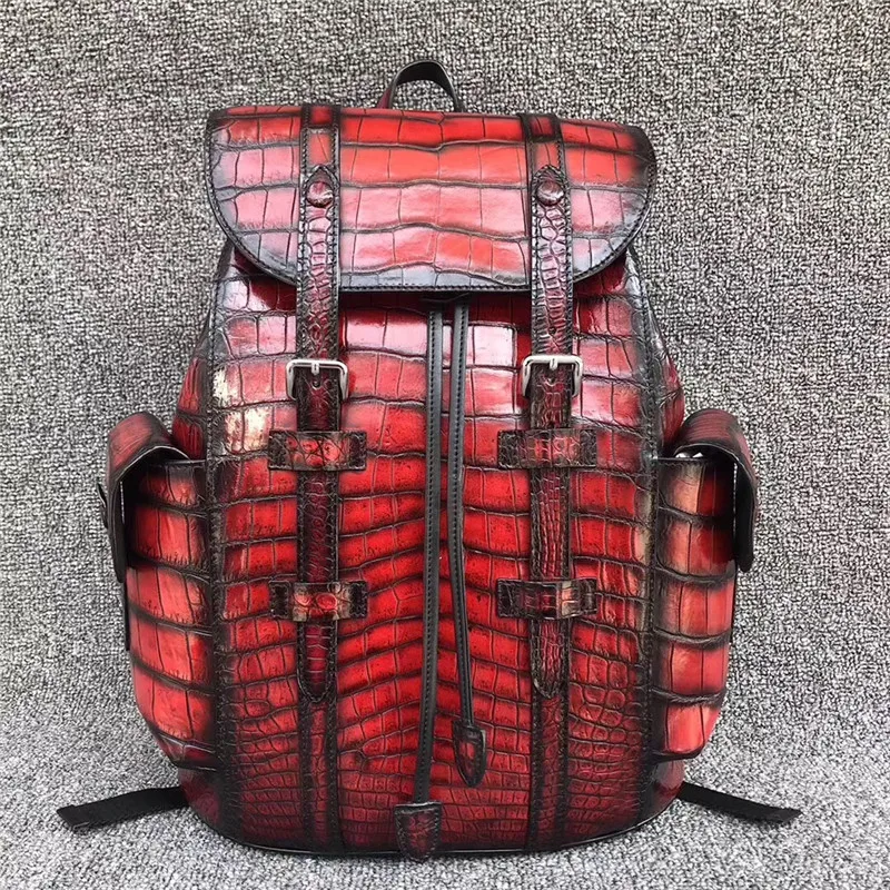 Подлинный мужской красный рюкзак из натуральной крокодиловой кожи на завязках