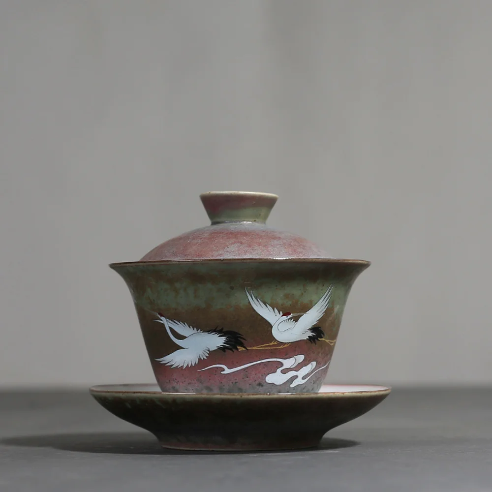 

140ml Kiln Change Ceramic Gaiwan Chinese Kung Fu Tea Bowl Teacup with Lid and Saucer Teapots Drinkware Vintage Tea Tureen Decor