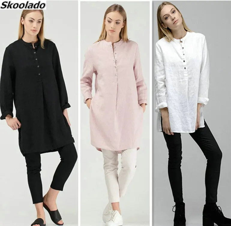 

Осенняя Женская длинная рубашка из хлопка и льна, винтажные платья с длинными рукавами и карманами, Женская Повседневная однотонная мини-ру...