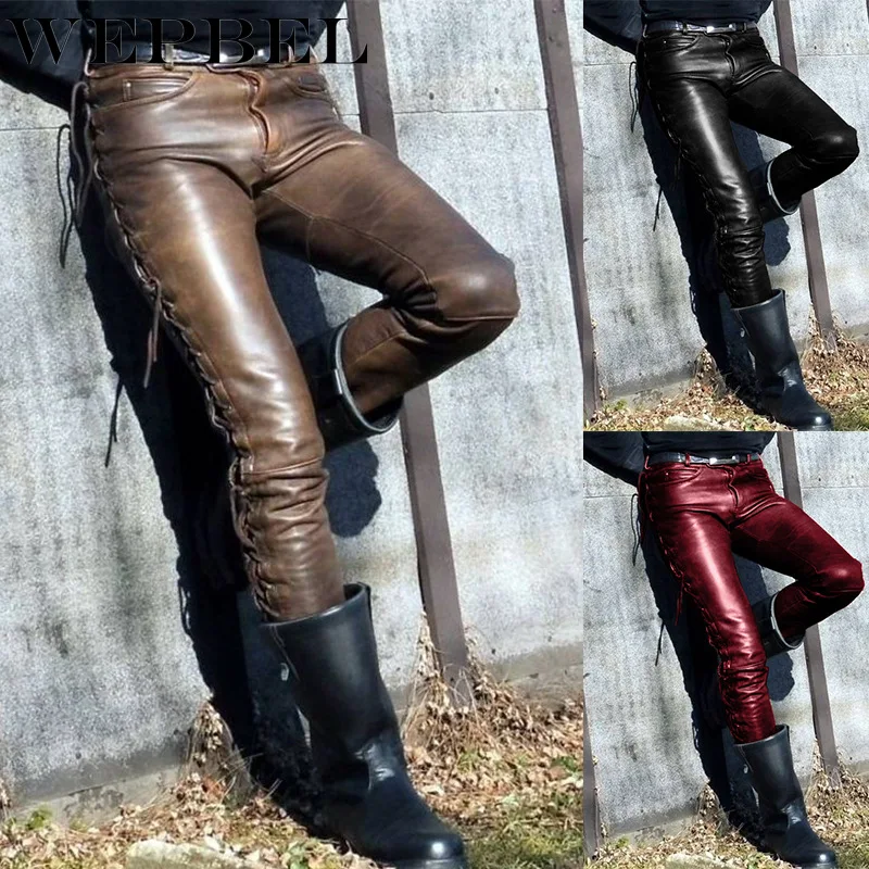 

Осенне-зимние модные облегающие однотонные брюки WEPBEL из искусственной кожи, мужские повседневные брюки-карандаш со средней талией