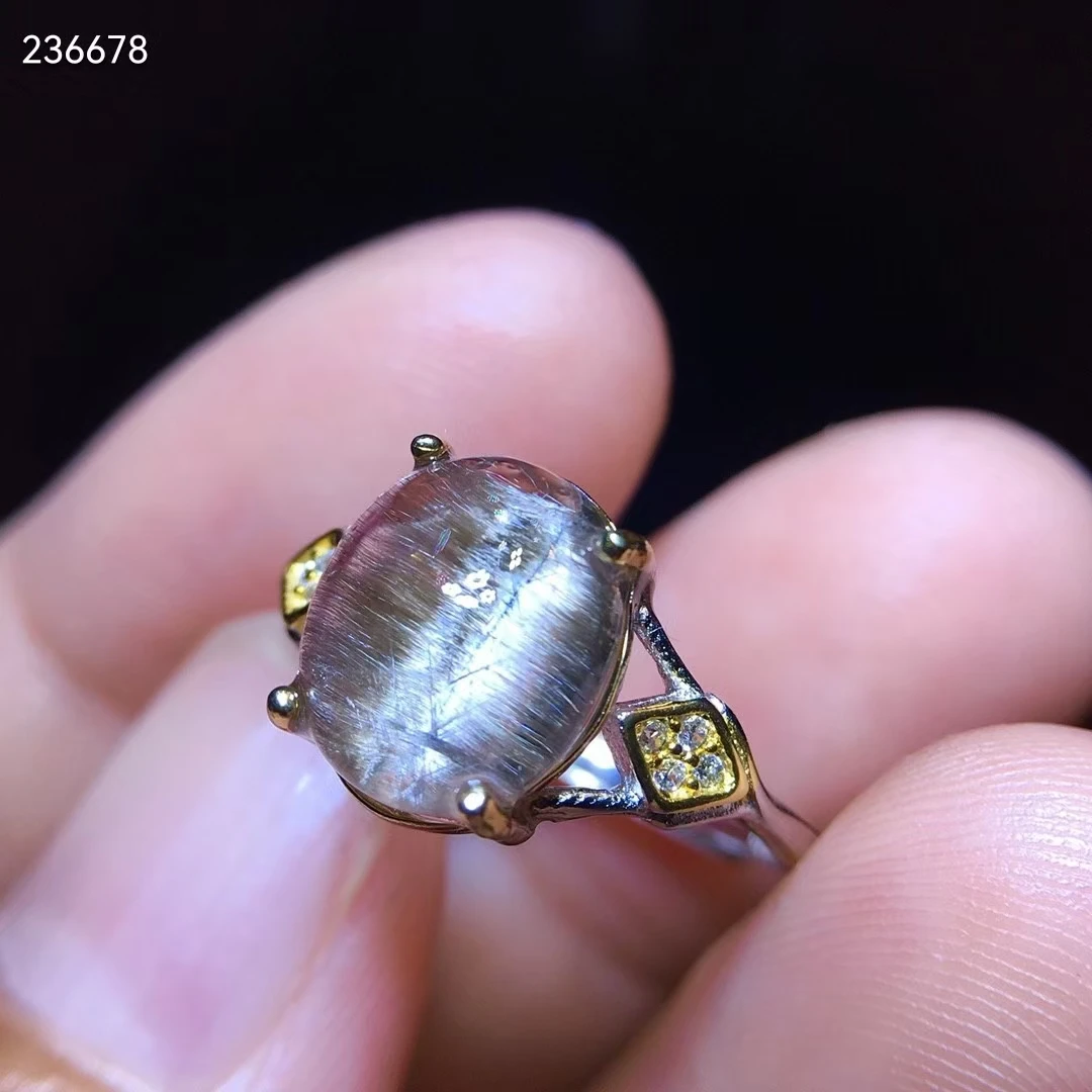 

Natural Brookite Platinum Silver Rutilated Quartz Adjustable Ring Oval 925 Sterling Silver 10.8/8.6mm Woman Men Genuine AAAAAA