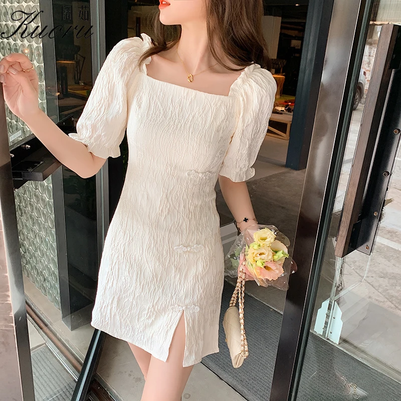 

Women Dresses Summer 2021 Vintage Mini Dress Black Short Sleeve Split Fork Skirt Embroidery Robe Femme Square Collar Vestidos