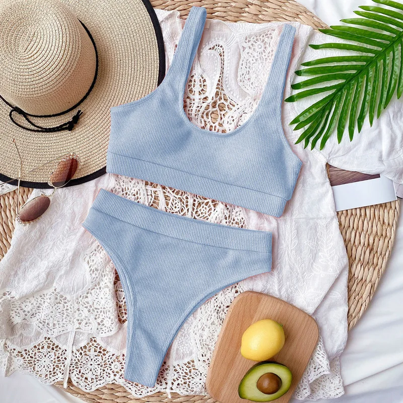 

2020 New Sexy Bikini Pure Color Hot Sale Knitting High Waisted Bathing Suits Bikini Sport Women Swimwear Two Piece Swimsuit
