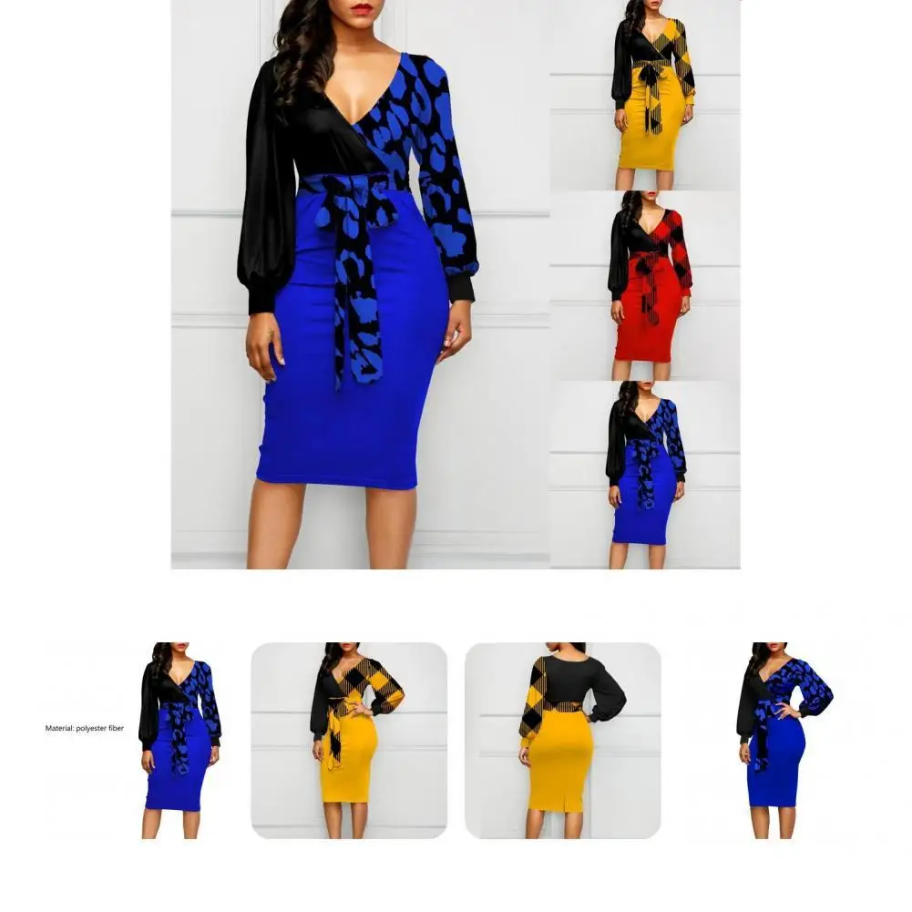 

Temperament Graceful Lace-up Warp Formal Dress Women Bodycon Dress Lantern Sleeve for Office