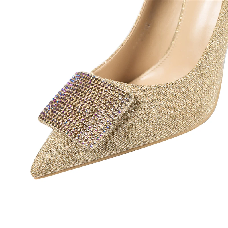 Женские туфли на шпильке золотистые/Серебристые лодочки с блестящими стразами и