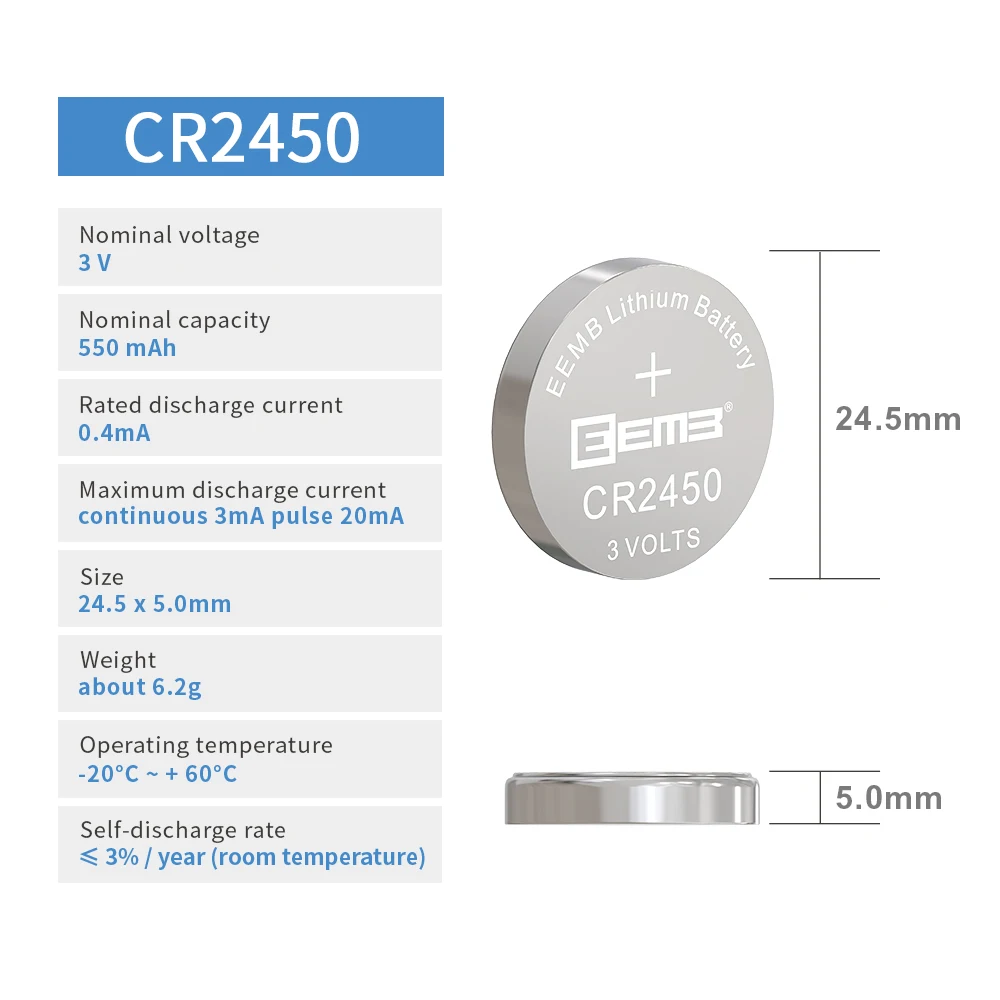 EEMB 5PCS CR2450 Button Battery 2450 3V 550mAh Lithium Coin Cell Batteries for Toy Watch Calculator Remote Car Keys | Электроника