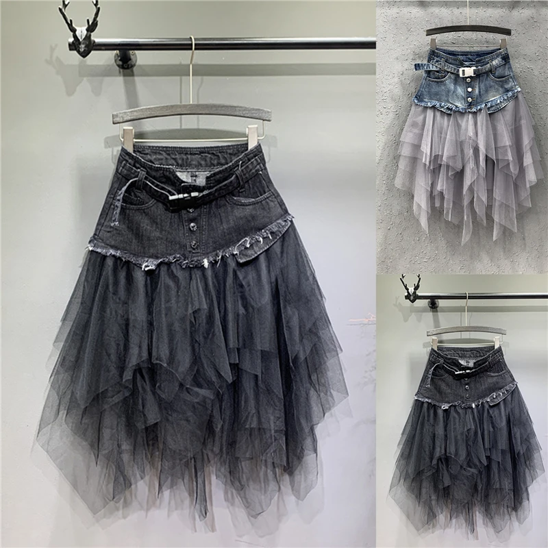 

Fashion Denim Skirt High Waist A-line Package Hip Mesh Skirt Summer New Arrivals Broken Lace Stitching Jeans Skirt Female