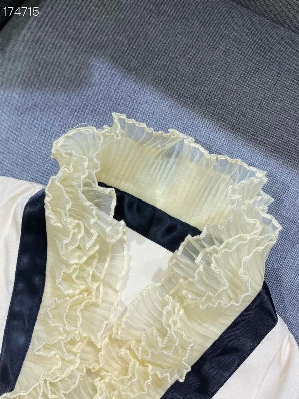 

2021 spring and summer French court style Organza pleated collar contrast ribbon loose temperament women's shirt