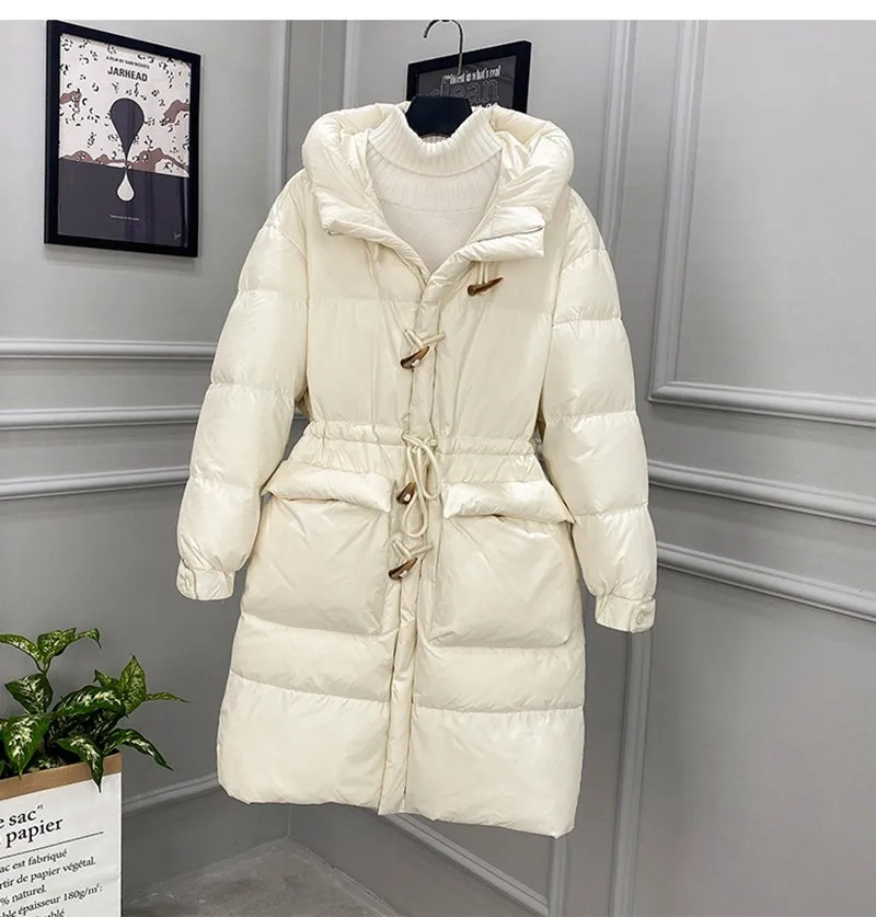 

2020 Winter Women 90% White Duck Down Jacket Loose Hooded Midi Long Parka New Red Horn Button Stand Collar Outwear